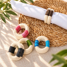 โหลดรูปภาพลงในเครื่องมือใช้ดูของ Gallery Macaron Napkin Rings - ห่วงรัดผ้าเช็ดปากทำมือ - group-below-brown-ring-on-white-napkin - cream-pink-green-blue-charcoal-gray-brown - Made in Thailand