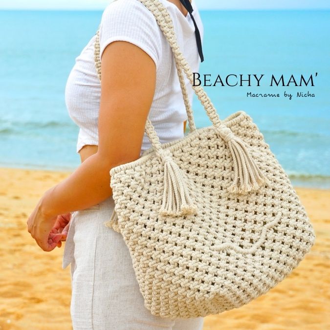 BEACHY MAM' -  MACRAME BAG - กระเป๋ามาคราเม่สีชมพู - กระเป๋าชายหาด - ทำมือ - Model