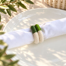โหลดรูปภาพลงในเครื่องมือใช้ดูของ Gallery Macaron Napkin Rings - ห่วงรัดผ้าเช็ดปากทำมือ - on-white-napkin-across-plate - cream-light-green-dark-green - Made in Thailand
