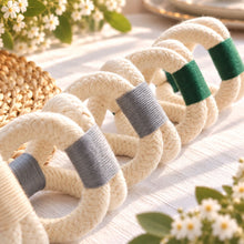 โหลดรูปภาพลงในเครื่องมือใช้ดูของ Gallery Madeleine Napkin Rings - ห่วงรัดผ้าเช็ดปากทำมือ - diagonal-row-close-up - cream-slate-gray-dark-green - Made in Thailand
