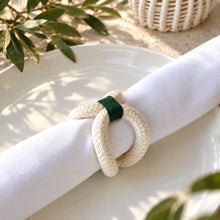 โหลดรูปภาพลงในเครื่องมือใช้ดูของ Gallery Madeleine Napkin Rings - ห่วงรัดผ้าเช็ดปากทำมือ - on-diagonal-white-napkin - cream-dark-green - Made in Thailand
